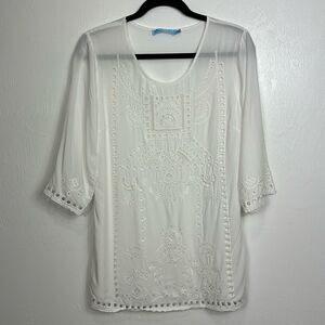 Solitaire Swim White 3/4 Sleeves Cutout Embroidered Cover Up Size M